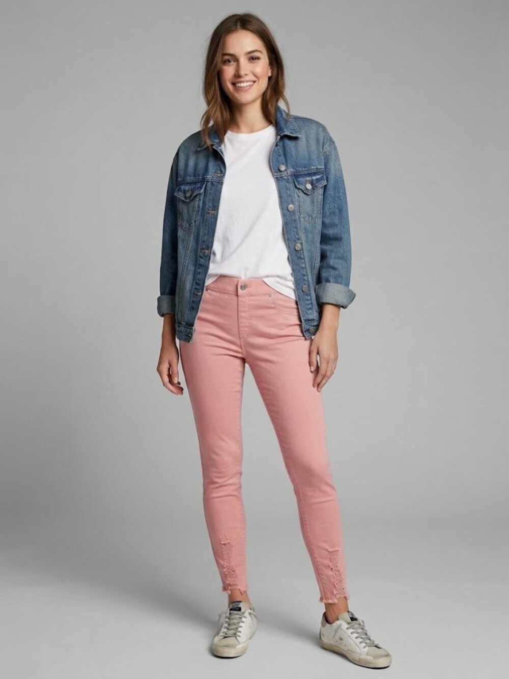 HUE Large Dusty Pink Frayed Ankle Denim Jeggings Faux Fly Stretch Pants